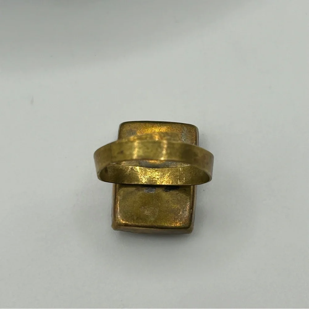 Vintage India Ring - Brass Bronze Inlaid Stone Mosaic With Paisley